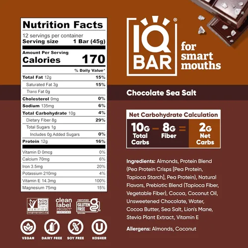 Miniatura 2 de IQBAR Clean Plant - Barras de proteínas de chocolate, sal marina y arándano silvestre, paquete de 12 unidades, keto, vegano, alto en fibra, sin
