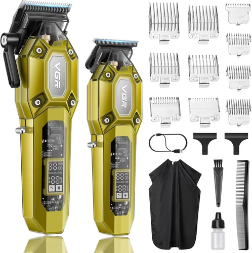 Miniatura 9 de VGR Cortadora de pelo profesional para hombres, juego de cortapelos y recortadoras inalámbricas, kit de corte de pelo para hombre con 10 peines Verde