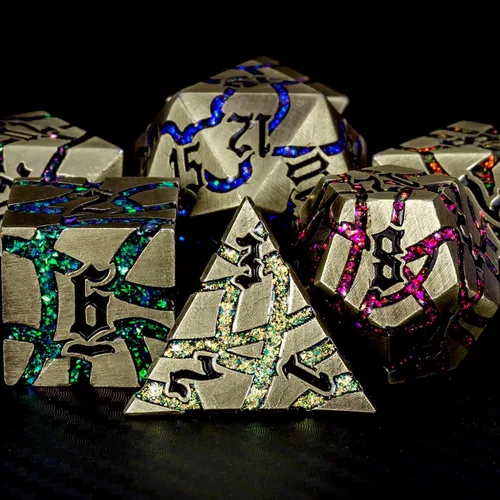 Miniatura 3 de Juego de Dados de Metal DND, Conjunto de 7 Dados Poliédricos D&D, Conjunto de Dados con Grietas Brillantes para Juego de Rol Calabozos y Dragones