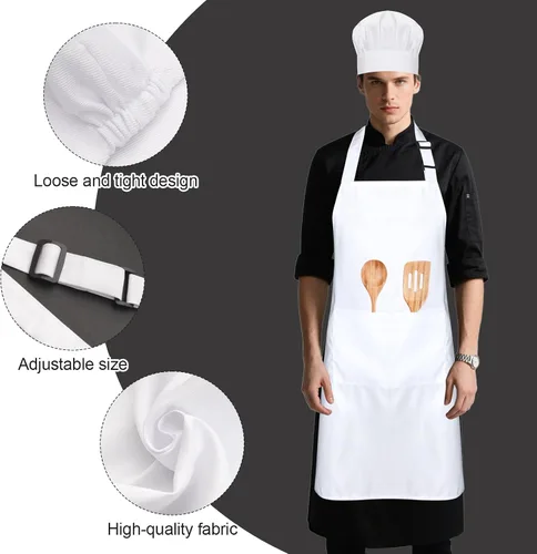 Miniatura 4 de Juego de delantal de chef y sombrero de chef, delantal de cocina ajustable con 2 bolsillos, disfraz de panadero para hombres y mujeres