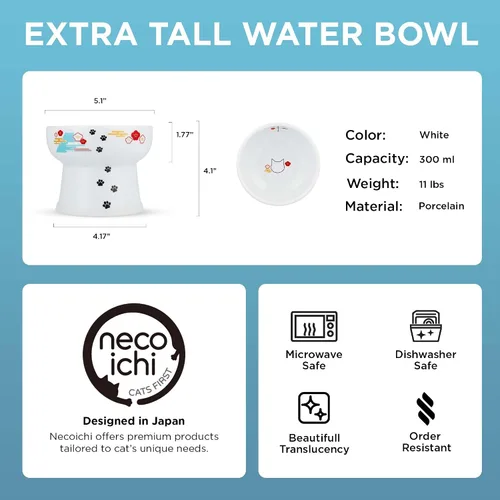 Miniatura 10 de Necoichi Cuenco elevado de agua para gatos, cuenco elevado de cerámica para gatos, evita la fatiga del cuello y los bigotes, apto para lavavajillas