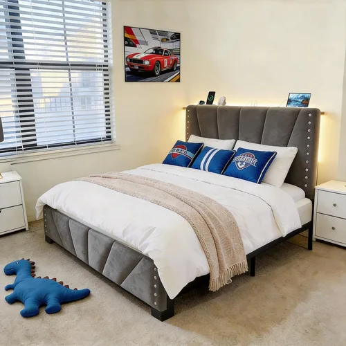 Miniatura 11 de EnHomee Base de cama de plataforma individual con cabecera ajustable tapizada de terciopelo, luces LED y estación de carga para dormitorio, Beige