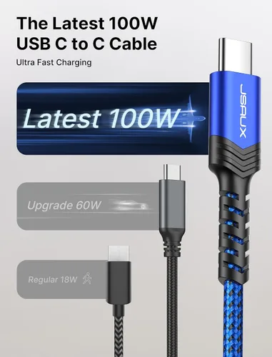 Miniatura 6 de JSAUX Paquete de 3 cables USB C a USB C de 100 W [6.6 pies+6.6 pies+6.6 pies] compatible con iPhone 17 Air 16 15 Pro Max Samsung Galaxy S25 S24 Azul