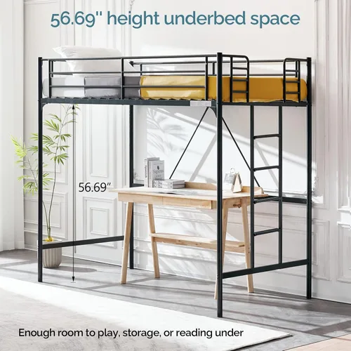 Miniatura 3 de VINGLI Cama Loft de 71 Pulgadas de Alto Tamaño Twin con Escalera de Peldaños Planos para Niños Adolescentes Adultos Cama Litera Individual de Metal