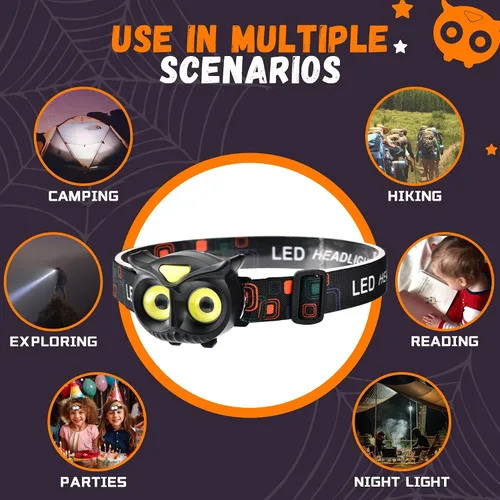 Miniatura 7 de Paquete de 2 Linternas Frontales LED, Linterna Frontal de Búho para Niños Liviana, Lámpara Frontal COB, 4 Modos de Linternas Frontales con Batería