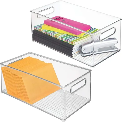 Miniatura 8 de mDesign - Contenedores pequeños de plástico para almacenamiento de oficina con asas para organización en gabinete de archivos, estante de armario