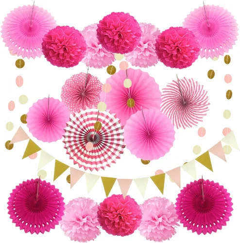 Miniatura 14 de Zerodeco - Decoración de fiesta, 21 piezas de abanicos de papel, pompones flores, tiras de cuerdas de lunares y banderines triangulares