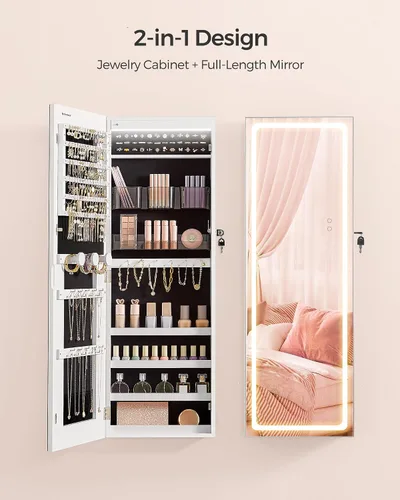 Miniatura 26 de SONGMICS Gabinete colgante de joyería, gabinete de pared con luces interiores LED, organizador de joyas montado en la puerta, espejo de cuerpo Blanco
