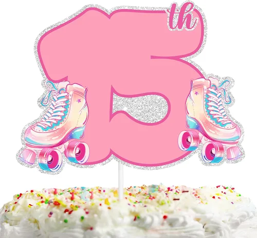 Patines de ruedas con purpurina rosa para decoración de tartas para niños y niñas de 15 años, suministros de decoración de fiesta de cumpleaños de