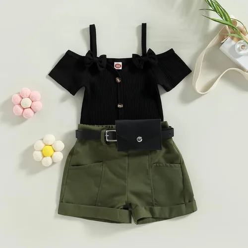 Miniatura 92 de TheFound Trajes de verano para niñas pequeñas, sin mangas, de punto acanalado, halter, pantalones cortos, ropa para recién nacidos, conjunto de 3