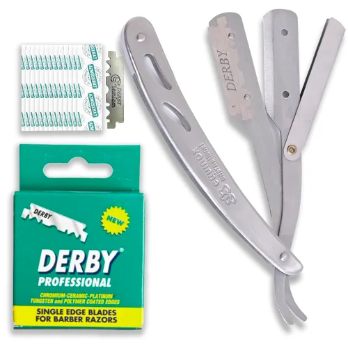 Equinox - Maquinilla de afeitar profesional con 100 cuchillas Derby de un solo filo, afeitadora manual para hombre Maquinilla de afeitar de acero