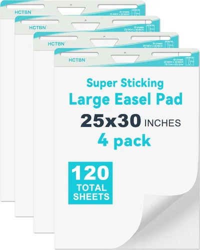 HCTBN Almohadilla de caballete pegajoso, 25 x 30 pulgadas, blanco, 30 hojas/bloc, 4 blocs por paquete, papel autoadhesivo de gran calidad para