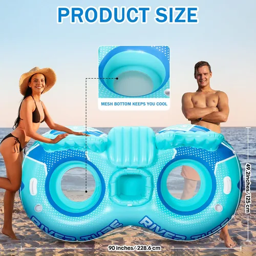 Miniatura 2 de Flotador inflable de tubo de río, flotador de piscina resistente para 2 personas con enfriador integrado, respaldo ergonómico y portavasos