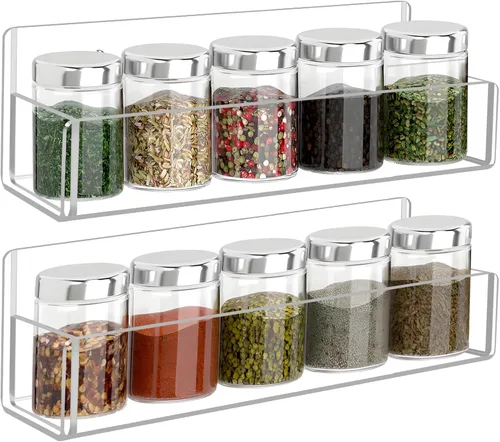 Estante acrílico para especias de montaje en pared, 9 pulgadas, soporte transparente para almacenamiento de especias, paquete de 2 organizadores