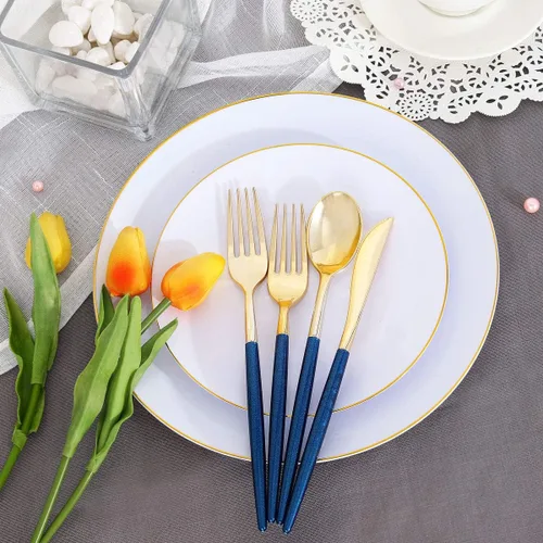 Miniatura 4 de Supernal 180 cubiertos de plástico dorado y azul, cubiertos de plástico dorado con mango de purpurina azul, cubiertos desechables para fiestas