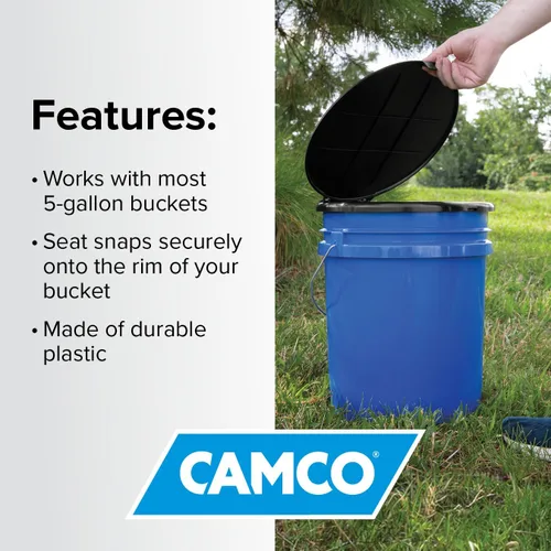 Miniatura 7 de Camco Asiento de Inodoro de Cubo con Tapa - Convierte Cubo Estándar de 5 Galones en Inodoro Portátil para Acampar - Conveniente Inodoro de Camping