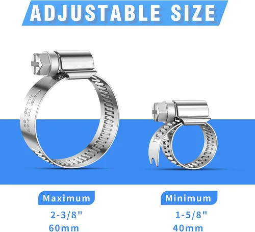 Miniatura 2 de 24 PIEZAS Abrazaderas de manguera de servicio pesado de acero inoxidable 304, abrazadera de manguera de 1-5/8" a 2-3/8" (40-60mm) Abrazaderas