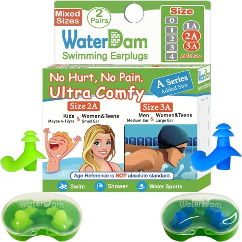 WaterDam A-Series - Tapones de natación para los oídos, ultra cómodos, grandes, impermeables (tamaños mixtos, talla 2A+3A: oreja mediana-grande para