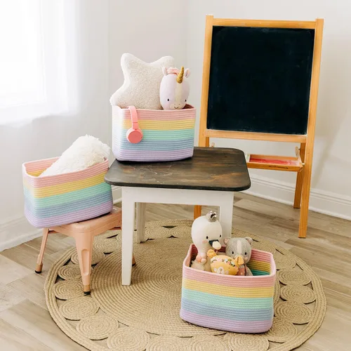 Miniatura 8 de OrganiHaus - Juego de 3 canastas con diseño de arcoíris para almacenamiento, canastas tejidas para organización, decoración pastel, guardar Pastel