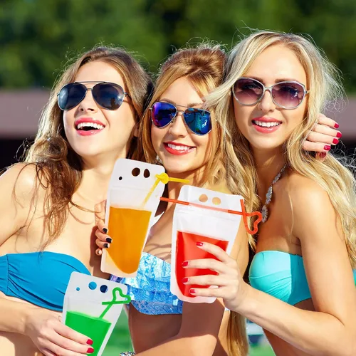 Miniatura 6 de Tessco for you 10 bolsas de plástico de verano para bebidas con pajitas, bolsas de mano translúcidas resellables de 17 onzas, bolsas portátiles