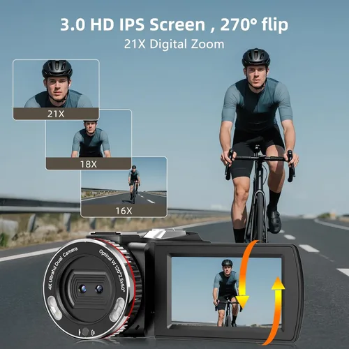 Miniatura 5 de Videocámara de video 4K, cámara de vlogging UHD de 64MP para YouTube TikTok, lente dual de 120° gran angular, pantalla IPS de 3.0 pulgadas, zoom