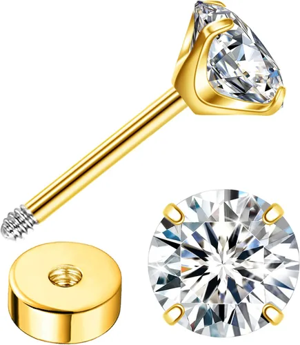 Enticera G23 Aretes de Titanio 5A+Circonita Cúbica Aretes de Botón con Parte Trasera Plana Aretes Hipoalergénicos de Oro 14K Aretes 2-5MM
