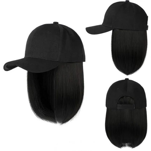Miniatura 4 de YEKEYI Gorra de béisbol con extensiones de cabello, peluca sintética para mujer, gorra de béisbol ajustable (beige negro)
