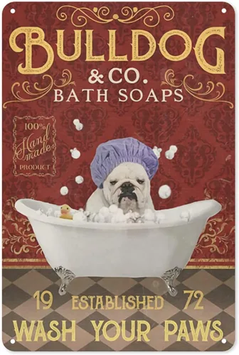 Letrero de metal – Cartel de baño de Bulldog Wah Your Paws – Letreros de metal para decoración de pared para el hogar, oficina y casa de campo para