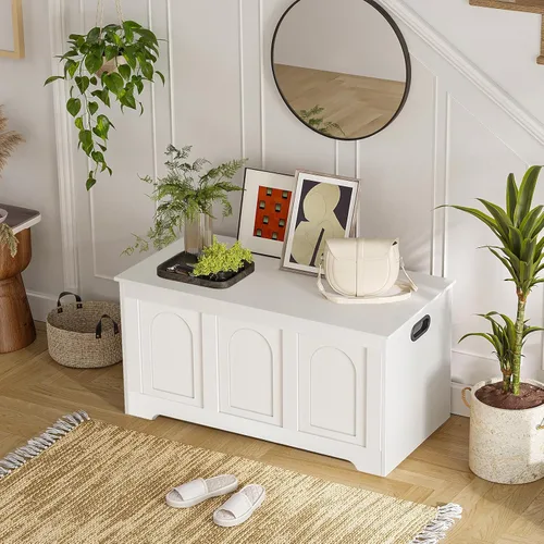 Miniatura 8 de DINZI LVJ Baúl de almacenamiento, caja de juguetes de madera de 39.4 pulgadas con 2 bisagras de seguridad, banco de zapatos de entrada con tapa