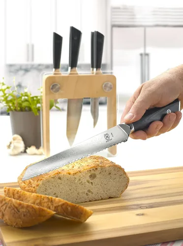 Miniatura 7 de Mercer Culinary Juego de cuchillos de 6 piezas de acero de alta calidad con soporte de bloque de vidrio/madera, asas G10