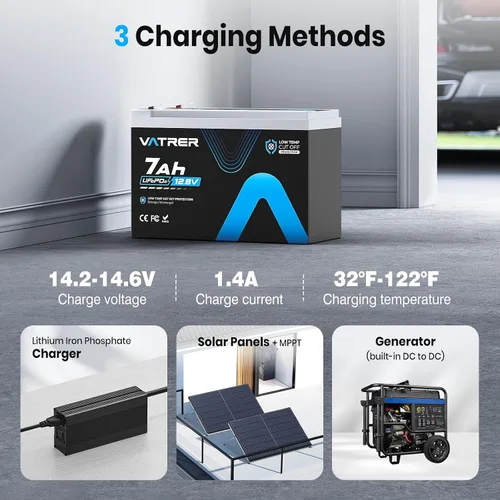 Miniatura 6 de VATRER POWER 12V 7Ah Batería LiFePO4, BMS de 7A integrado, batería de litio recargable de ciclo profundo de más de 5000 ciclos, batería de fosfato