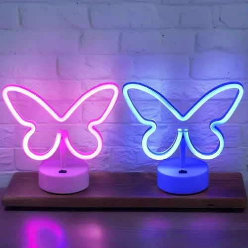 BRIGHTDECK Paquete de 2 letreros de neón de mariposa, lámpara de decoración LED de mariposa rosa alimentada por batería o USB, luces de neón en