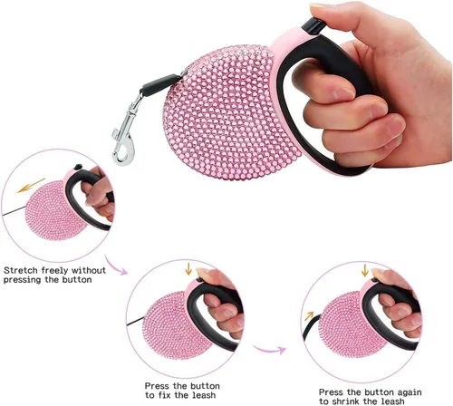 Miniatura 3 de Correa retráctil para perro con diamantes de imitación rosa de 10 pies, correa brillante para mascotas y gatos para razas pequeñas, correa
