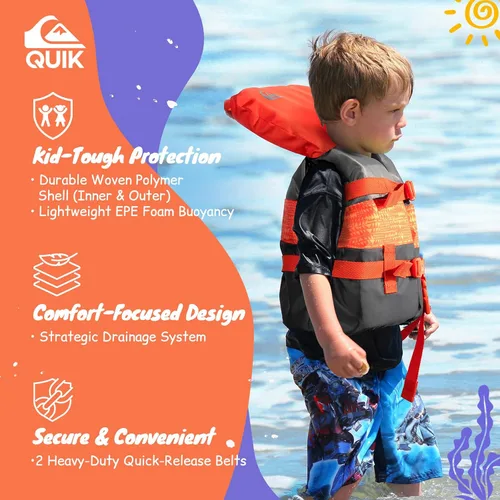 Miniatura 4 de QUIKSILVER Chaleco salvavidas para niños pequeños de menos de 33 libras, aprobado por USCG Tipo III PFD, chaleco salvavidas ligero con hebillas