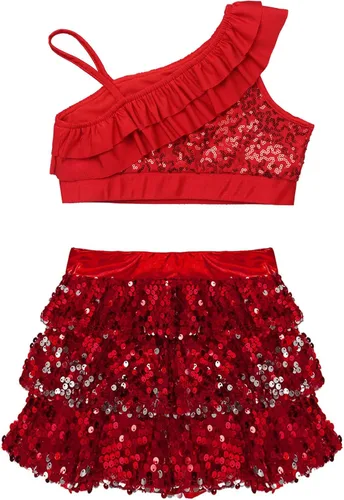 Miniatura 84 de JEATHA Top corto con borlas y lentejuelas brillantes para niñas, con minifalda, jazz latino, salsa, samba, rumba, baile