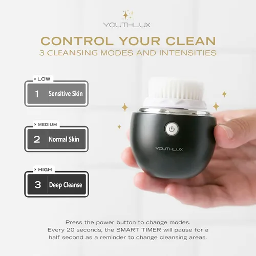 Miniatura 5 de Pure Radiance, cepillo de limpieza facial vibratorio, limpiador facial eléctrico, 3 modos, 3 cabezales de cepillo (2 cerdas, 1 silicona), Negro