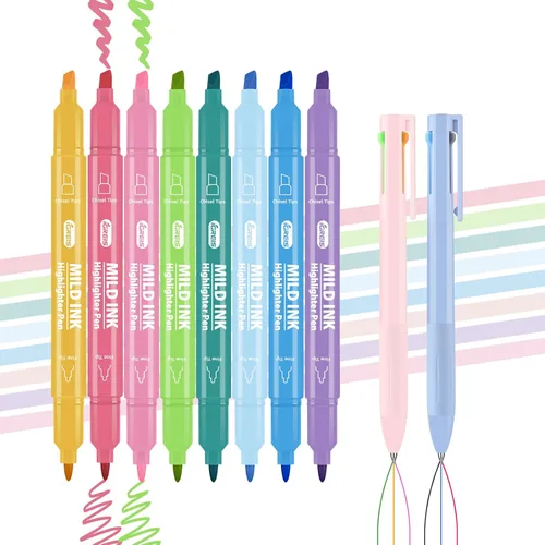 Marcadores estéticos de doble punta, 8 colores y 2 bolígrafos de gel multicolor 3 en 1, 6 colores de tinta, cincel y puntas finas, no se corren,