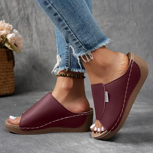Miniatura 4 de Sandalias de cuña para mujer, puntera abierta, soporte de arco, calzado ortopédico para caminar, zapatos elegantes de suela suave sin cordones Vino