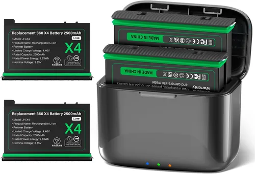 Paquete de 2 baterías de repuesto de 2500 mAh con doble cargador para cámara de acción Insta360 X4, accesorios de 360 x 4 con ranuras para tarjetas