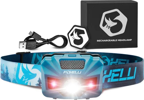 Miniatura 11 de Foxelli Linterna frontal LED recargable USB‑C – Ultraligero 2.4 oz y brillante 180 lúmenes – Luz roja/blanca, 5 modos, IPX5 impermeable, 40 horas