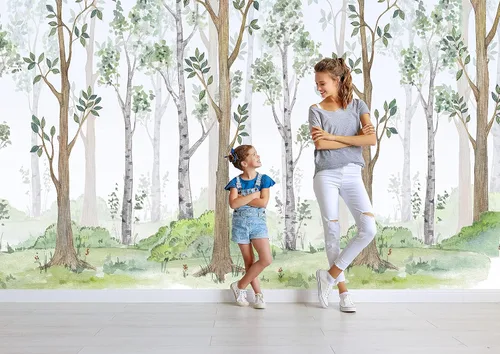 Miniatura 3 de Innovative Stencils Papel tapiz de acuarela para despegar y pegar, diseño de bosque de abedul, decoración de guardería, tela de bosque, extraíble