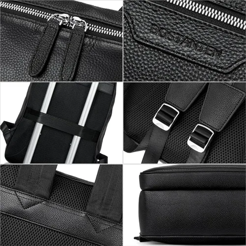 Miniatura 7 de BOSTANTEN Mochila de cuero para hombre 15.6 pulgadas Mochila para portátil de viaje Bolsa universitaria Negro 1-negro