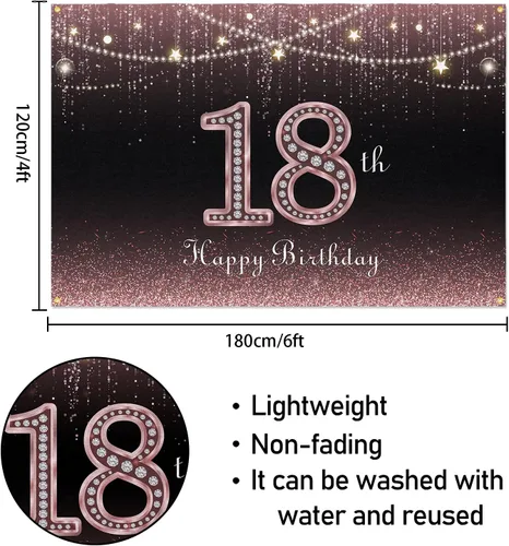 Miniatura 2 de HAMIGAR Fondo de pancarta de feliz cumpleaños número 18 de 6 x 4 pies, decoraciones de cumpleaños de 18 años, suministros de fiesta para niñas, oro