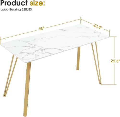 Miniatura 3 de ivinta Mesa de comedor de mármol blanco moderna mesa de comedor rectangular de 55 pulgadas para 46 mesa de comedor blanca con patas doradas mesa