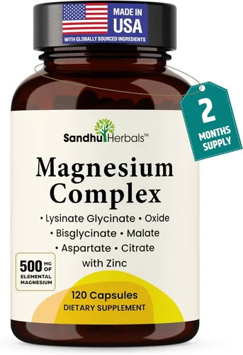 Complejo completo de magnesio de 500 mg para mujeres y hombres | 120 cápsulas | Suplemento Mag 6 en 1 con zinc | Calidad del sueño y salud muscular