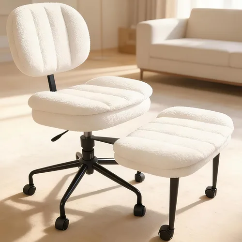 Miniatura 13 de Silla cruzada con reposapiés, silla de oficina giratoria de piel de oveja sintética de 360°, asiento extra ancho con comodidad similar al sofá, Lana
