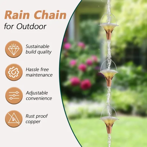 Miniatura 5 de Cadena de lluvia de 8.5 pies, cadenas de metal para canalón de lluvia con 10 copas en forma de gloria matutina, cadena de metal ajustable