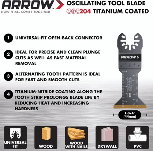 Miniatura 2 de Arrow OSC204-3 - Hojas de sierra oscilantes con revestimiento de titanio para carpintería, paneles de yeso, PVC y metal, universal, se adapta a