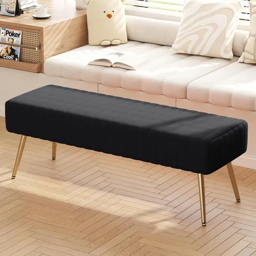 Miniatura 2 de Furniliving Banco de 44 Pulgadas para Dormitorio, Bancos Otomanos Tapizados con Tela Rayada y Tufting con Patas de Metal en Forma de X para Sala