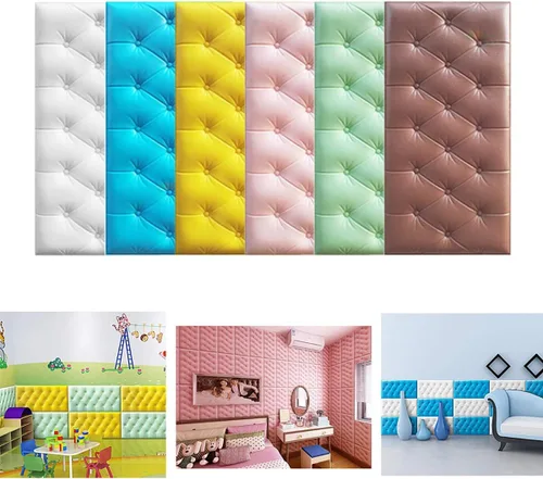 Miniatura 7 de Paneles de pared de espuma autoadhesivos 3D, 23.6 x 11.8 pulgadas, decoración de cuero revestido de cuero, anti-colisión, cojín suave para cubrir